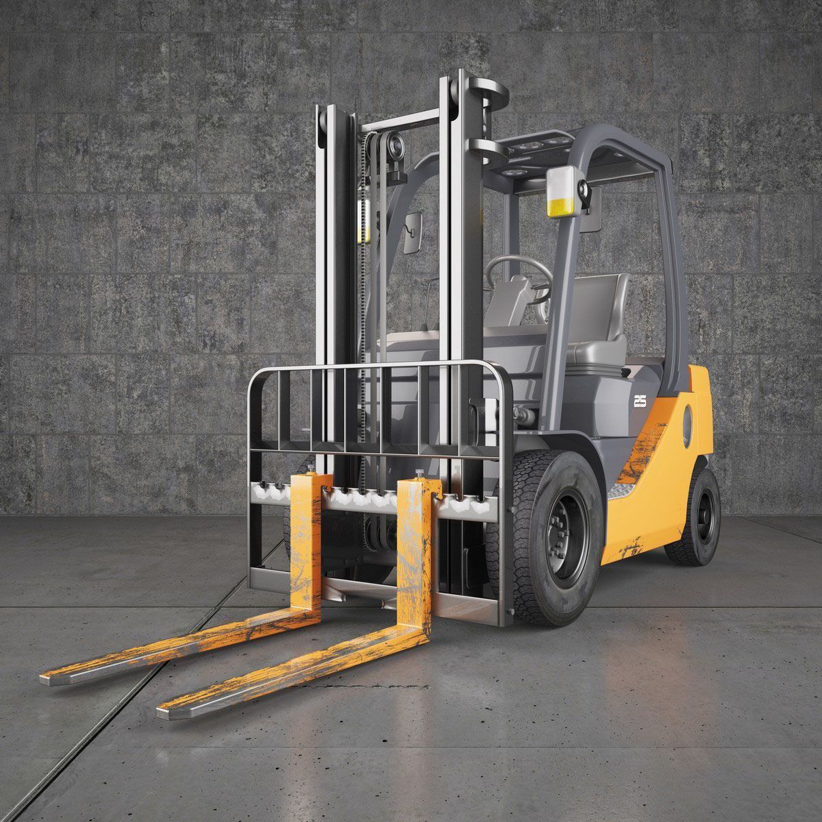 Yellow forklift in a warehouse setting, with steel frame, and forks extended.
