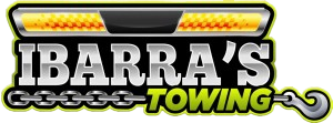 Logo for Ibarra's Towing with a chain, hook, and flashing lights.