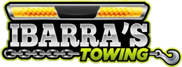 Logo for Ibarra's Towing with a chain, hook, and flashing lights.