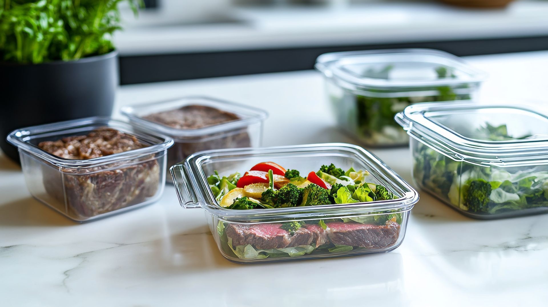 Five clear containers of prepared food on a marble countertop. Broccoli, salad, and meat are visible.