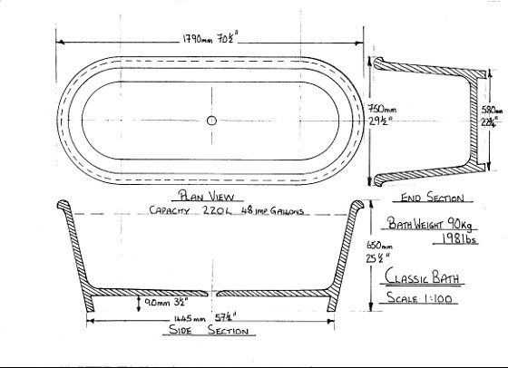 A black and white drawing of a bathtub with measurements.