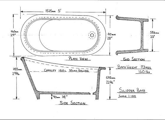 A black and white drawing of a bathtub with measurements.