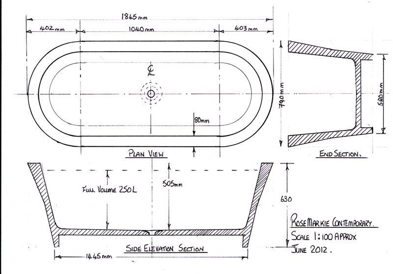 A black and white drawing of a bathtub with measurements