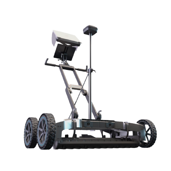 Robot with wheels and a screen, likely used for surveying or mapping, on a white background.