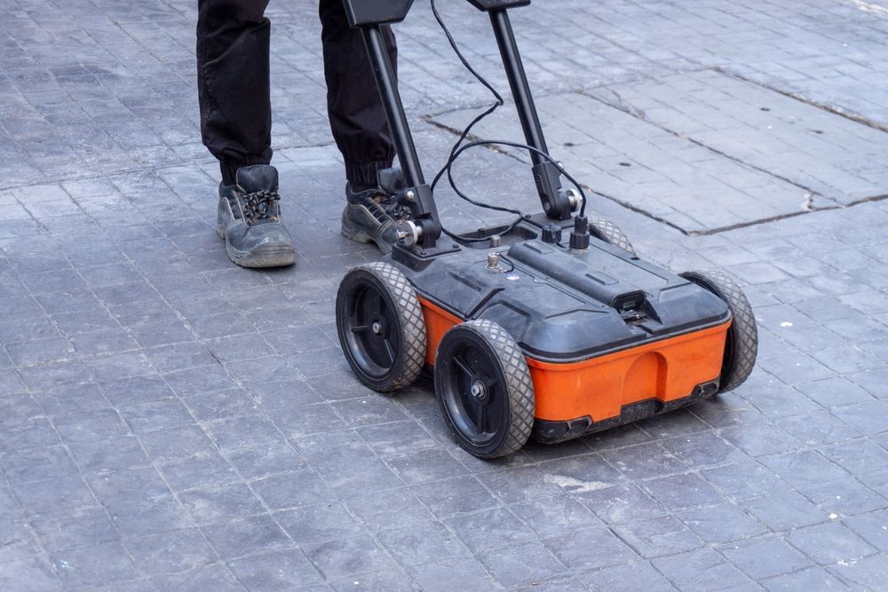 Orange-and-black ground robot on cobblestone pavement beside a person’s legs and shoes