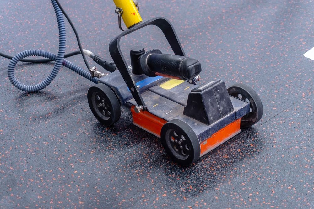A device with wheels, handle, and sensor on a rubberized floor, connected to a cable.