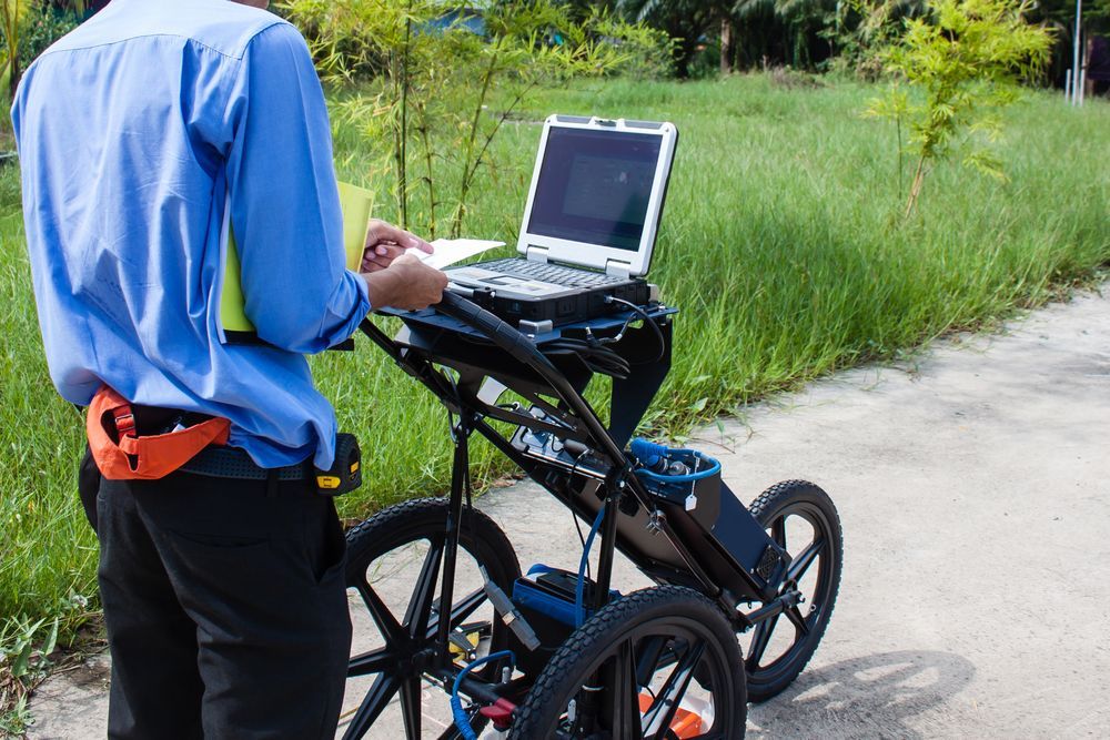 Man using ground-penetrating radar on a cart outdoors. He's wearing blue and black, with a laptop open.