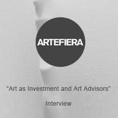 A black and white photo of a person in a circle with the words `` art as investment and art advisors ''.