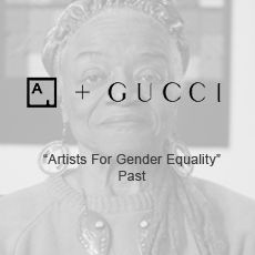 A black and white photo of a woman with the words `` artists for gender equality '' past.