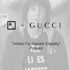 A black and white photo of a woman standing next to a gucci logo.