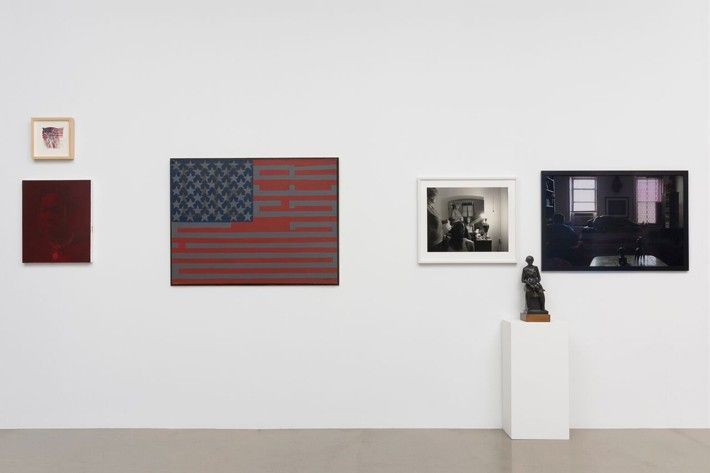 GALLERY ONE left to right - [wall] Sonya CLARK, Njideka AKUNYILI CROSBY, Faith RINGGOLD, LaToya Ruby FRAZIER, [plinth] Elizabeth CATLETT, [wall] Nona FAUSTINE