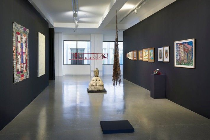 GALLERY TWO left to right - [wall] Faith RINGGOLD, Ellen GALLAGHER, [hanging] Betye SAAR, [floor] Simone LEIGH, [hanging] Sonya CLARK, [wall] Sister Gertrude MORGAN (5), Clementine HUNTER (3), Minnie EVANS (2), [plinth] Joyce J. SCOTT, [wall] Beverly BUCHANAN