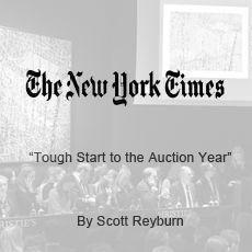 A black and white photo of the new york times ' tough start to the auction year.