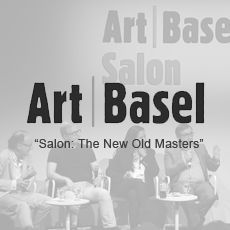 A group of people are sitting at tables in front of a sign that says `` salon : the new old masters ''.
