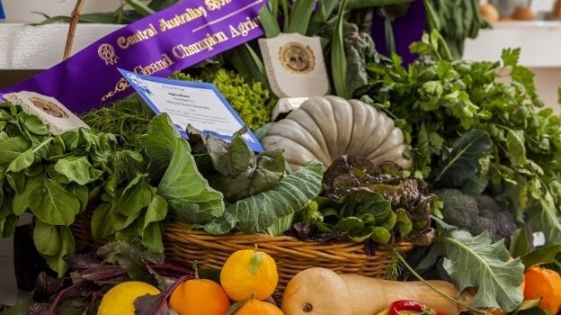 A basket filled with fruits and vegetables with a purple ribbon on it.