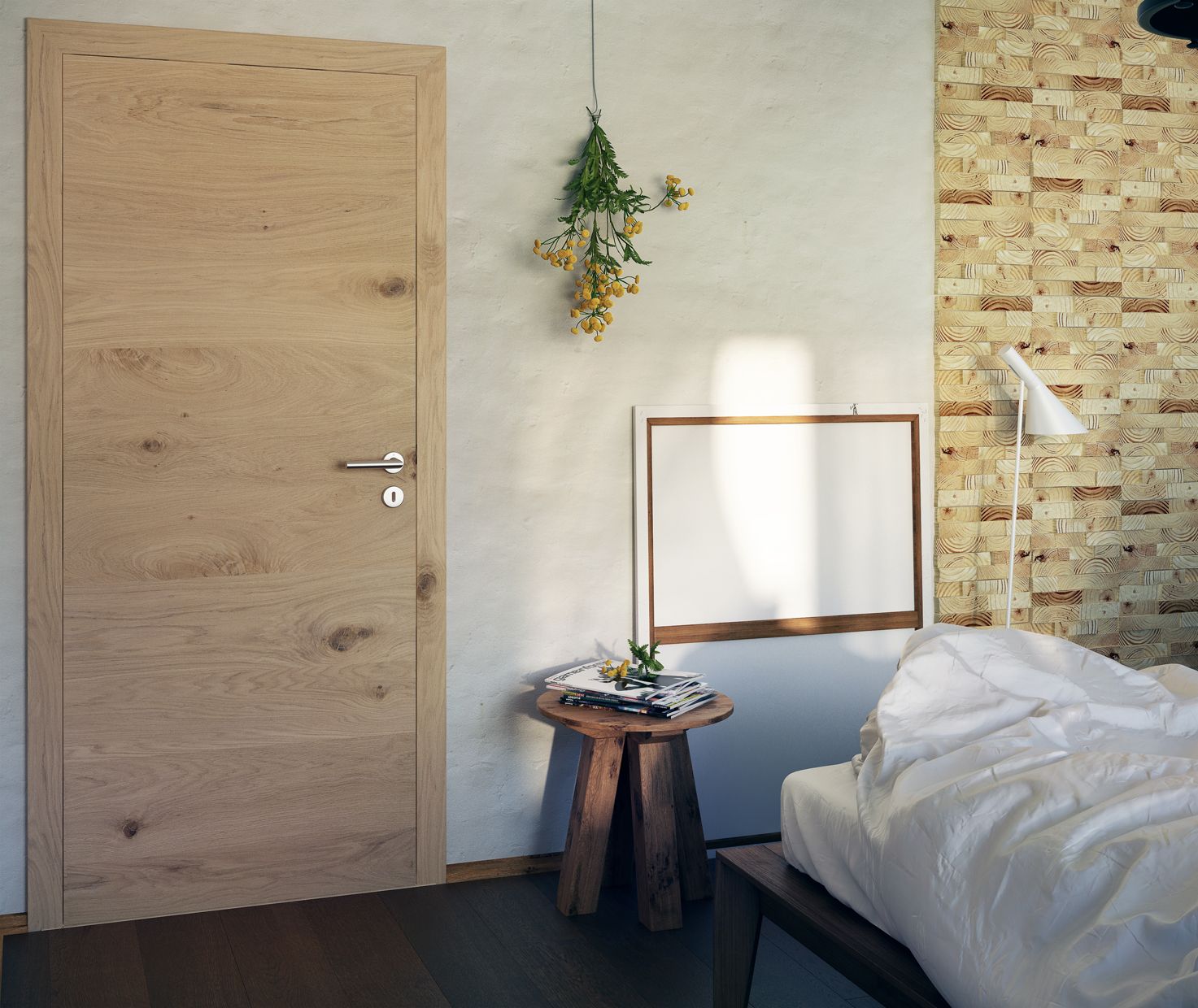 Une chambre avec une porte en bois et un tableau blanc au mur