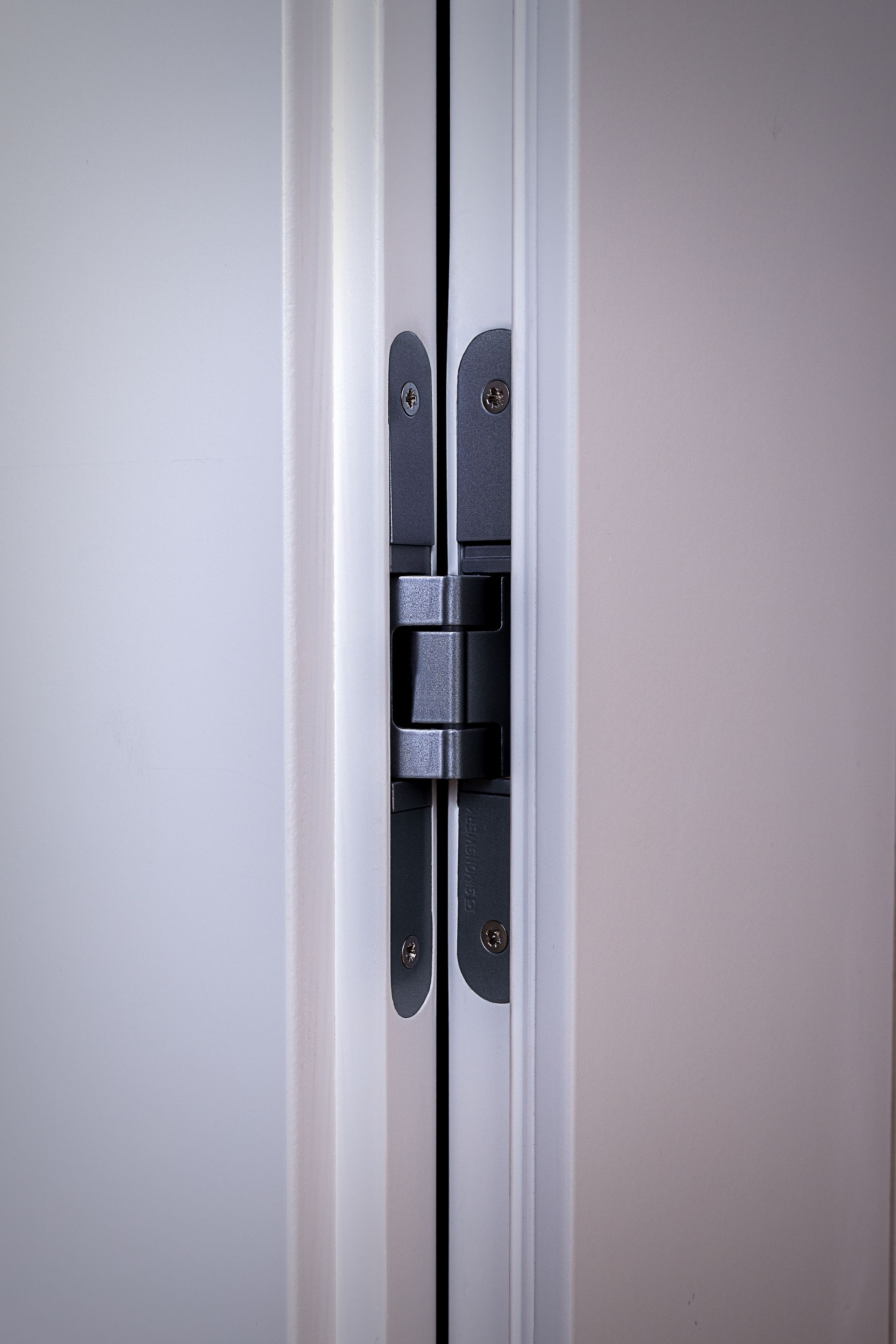 Un gros plan d'une charnière de porte sur une porte blanche.