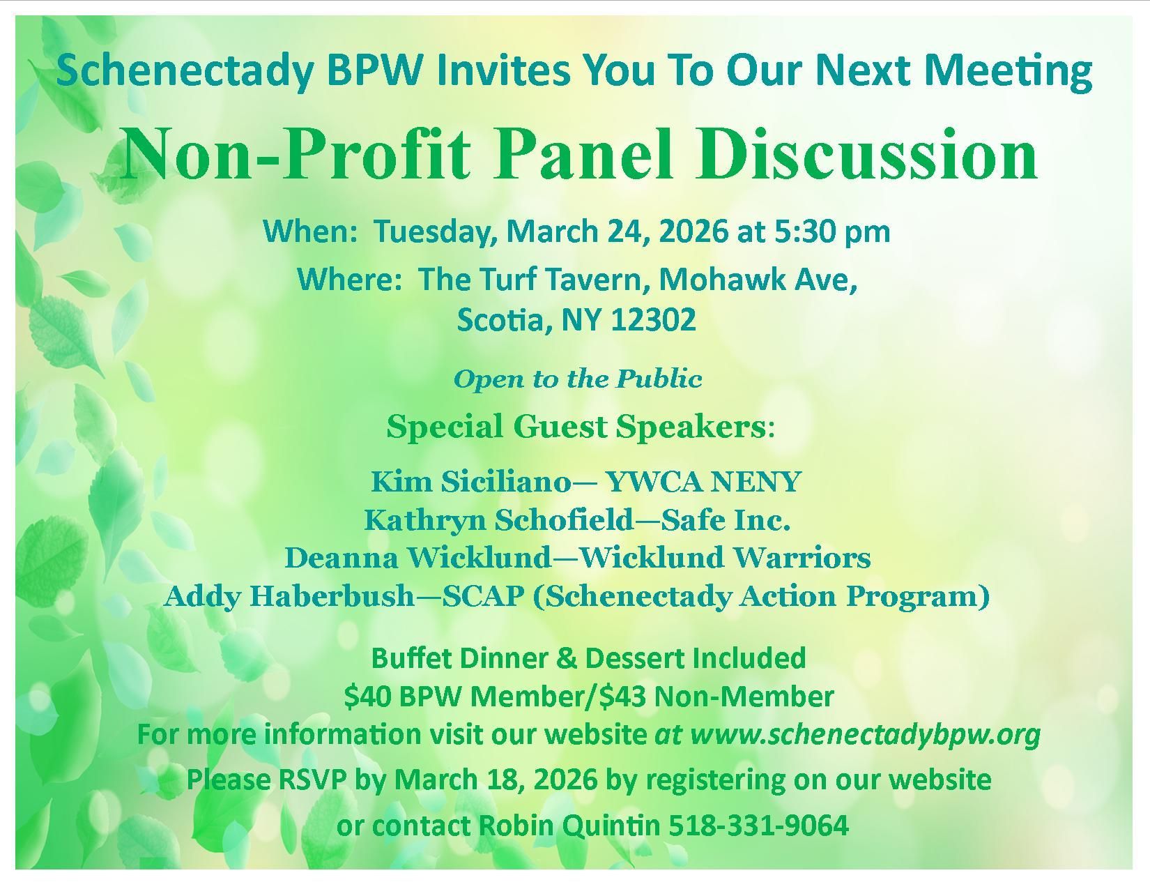 Event flyer for Schenectady BPW Non-Profit Panel Discussion, March 24, 2026, at The Turf Tavern in Scotia, NY.