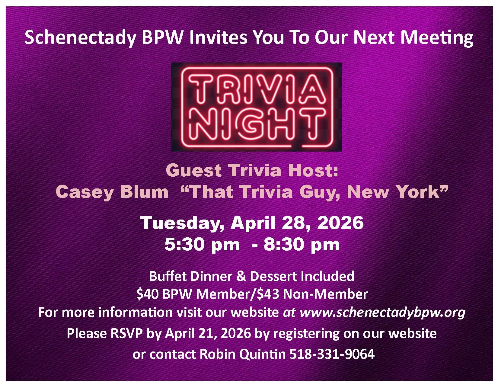 Event flyer: Schenectady BPW Trivia Night on April 28, 2026, 5:30-8:30 pm. Purple background. $40/$43. RSVP by April 21.