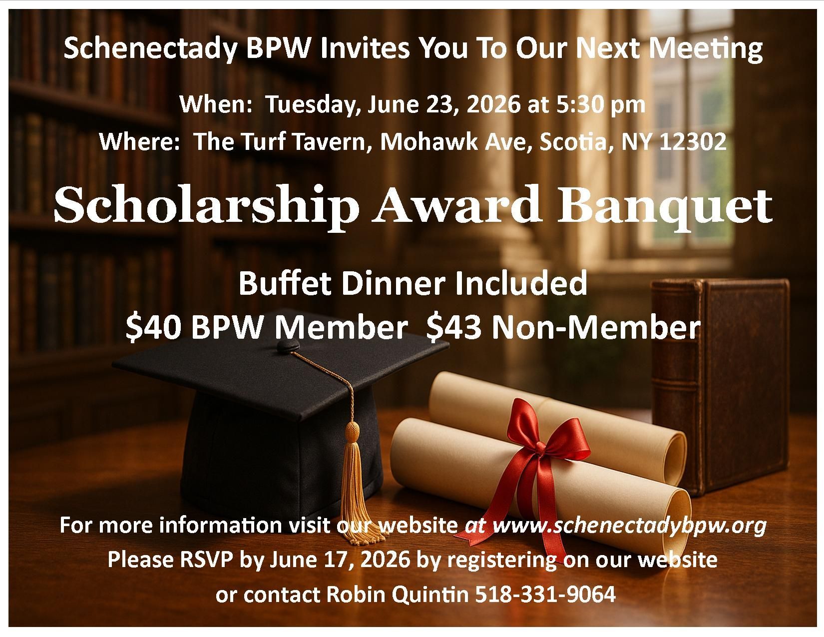 Announcement for a Schenectady BPW Scholarship Award Banquet on June 23, 2026, at The Turf Tavern in Scotia, NY.