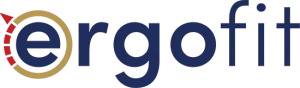 Ergofit logo with blue and gold stylized &ldquo;e&rdquo; and navy &ldquo;rgofit&rdquo; text