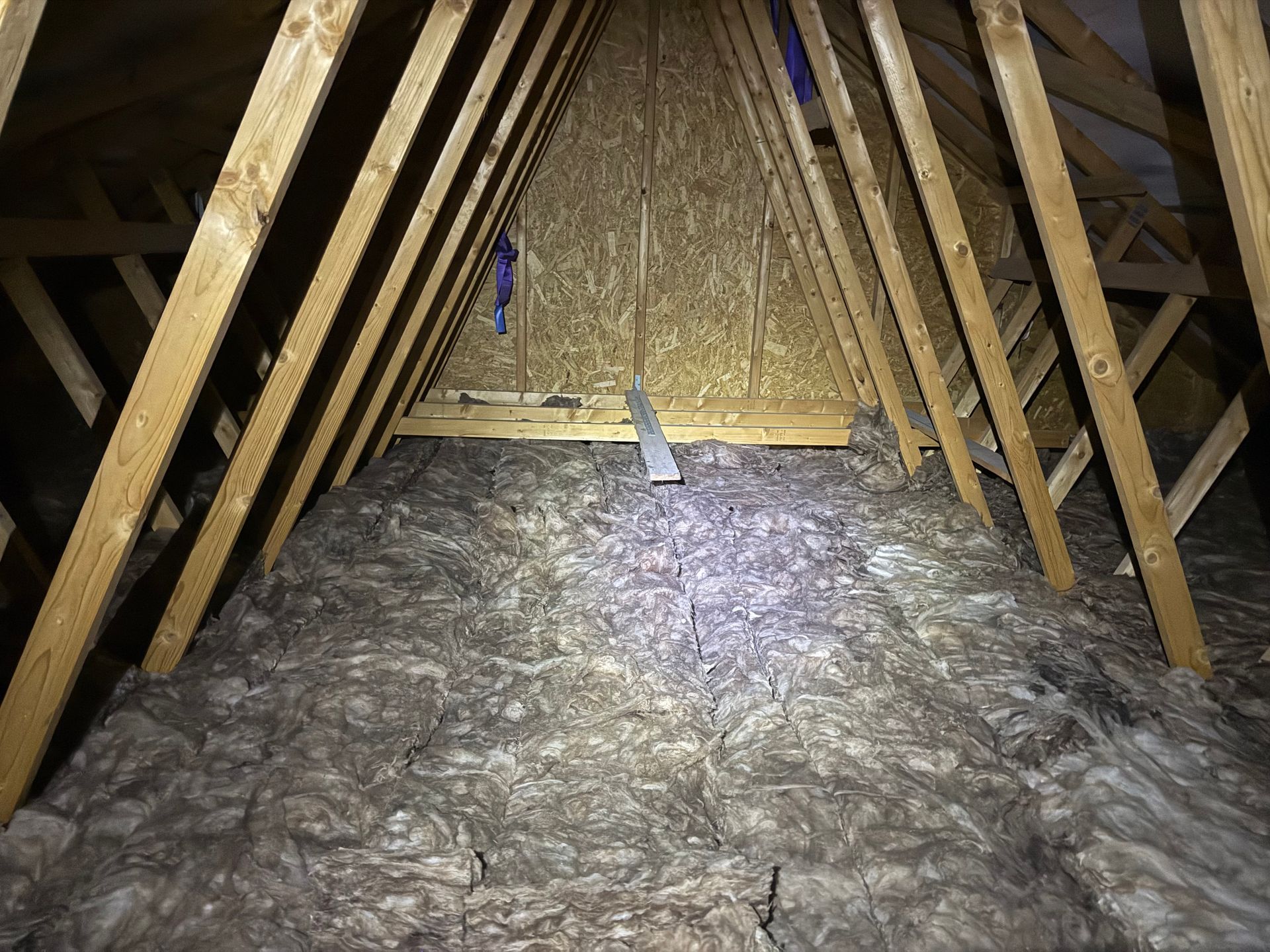 Attic interior with wooden rafters, insulation, and a plywood gable end.