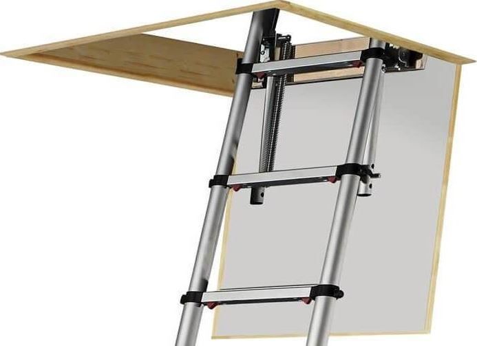 Loft ladder with a folding metal ladder, attached to an open attic hatch.