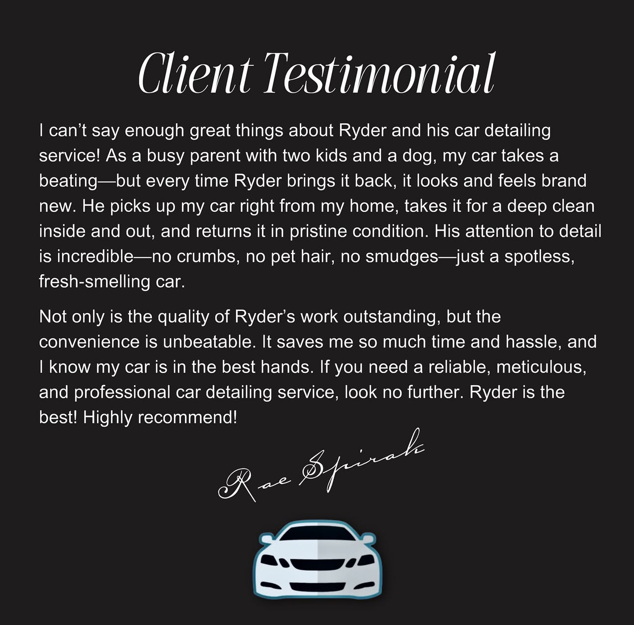 Winnipeg car detailing client testimonials for Lux Detailing. Real customer reviews praising consist