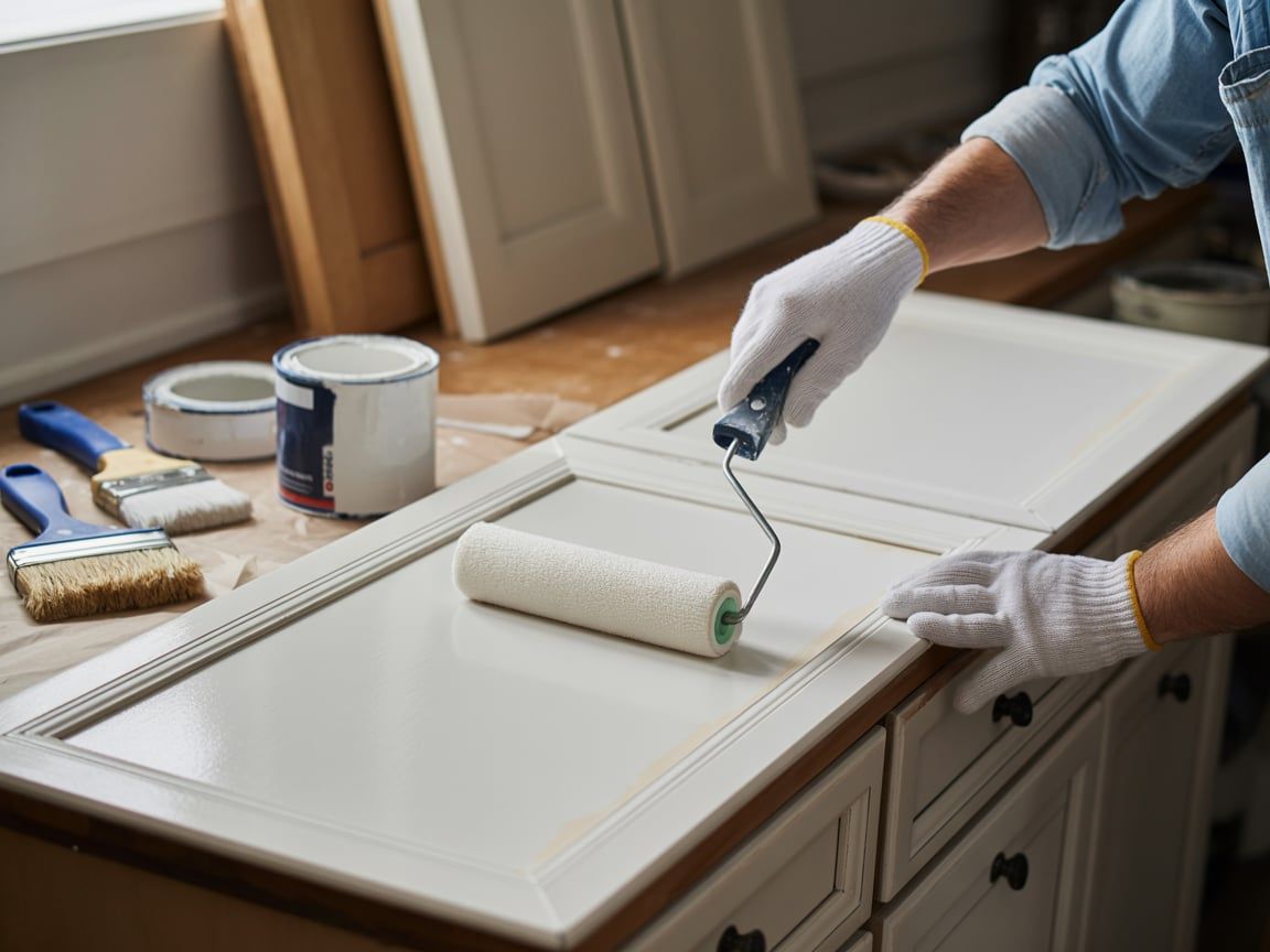 Person painting cabinet door white with a roller, wearing gloves.