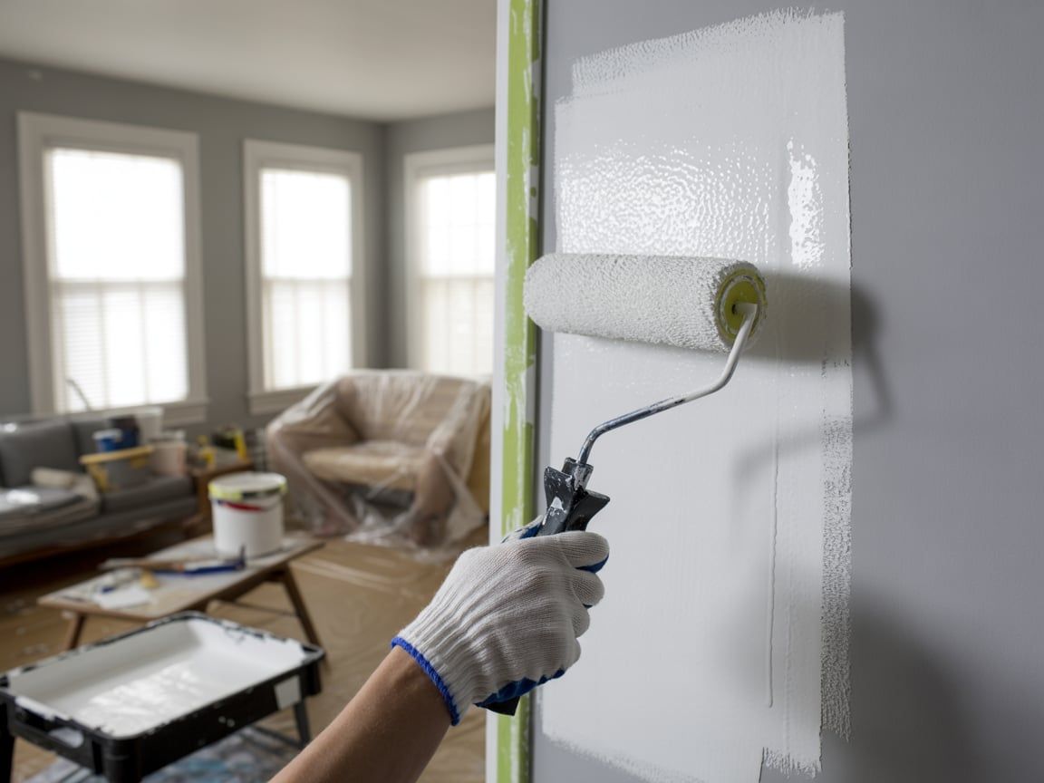 Person painting a wall white with a roller, inside a room; tape protects trim.