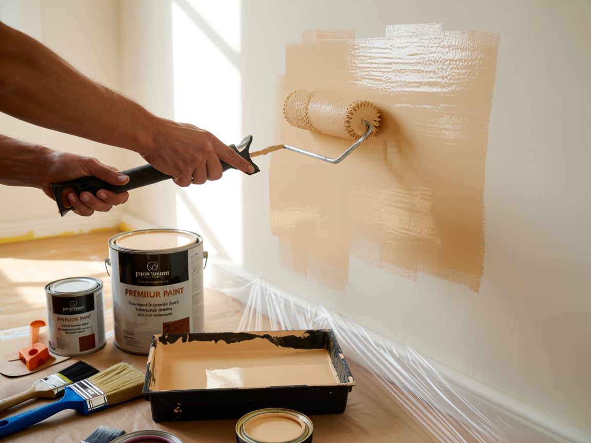 Person using a paint roller to apply tan paint to a white wall. Paint cans, tray, and brushes are present.
