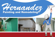 Hernandez Painting and Remodeling logo. Painter using a roller on a house exterior, with images of painted homes.