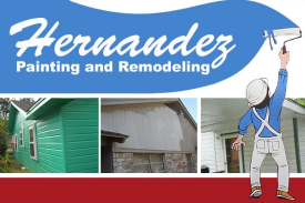 Hernandez Painting and Remodeling logo. Painter using a roller on a house exterior, with images of painted homes.