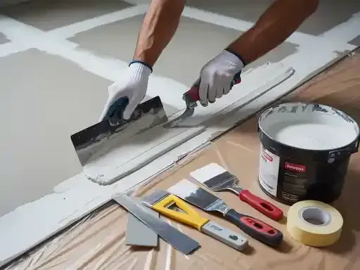 Person applying compound to a surface with a trowel, surrounded by tools and a bucket of compound.