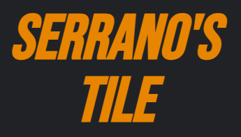 The logo for serrano 's tile is orange on a black background