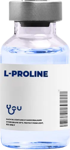 A bottle of l-proline is shown on a white background.
