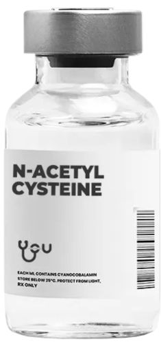 A bottle of n-acetyl cysteine on a white background. | You Health