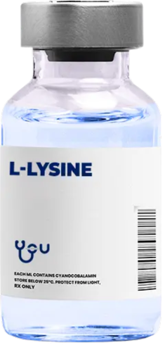 A bottle of l-lysine is shown on a white background.