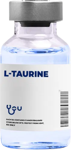 A bottle of l-taurine on a white background.
