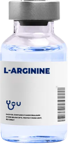 A bottle of l-arginine is shown on a white background.