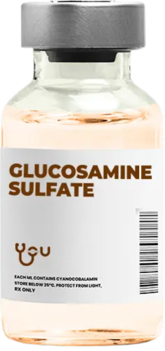 A bottle of glucosamine sulfate on a white background.