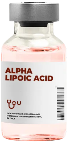 A bottle of alpha lipoic acid is on a white background.