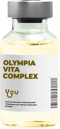 A bottle of olympia vita complex with a white label | You Health