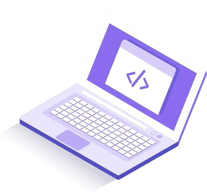 An isometric illustration of a laptop computer with a html code on the screen.