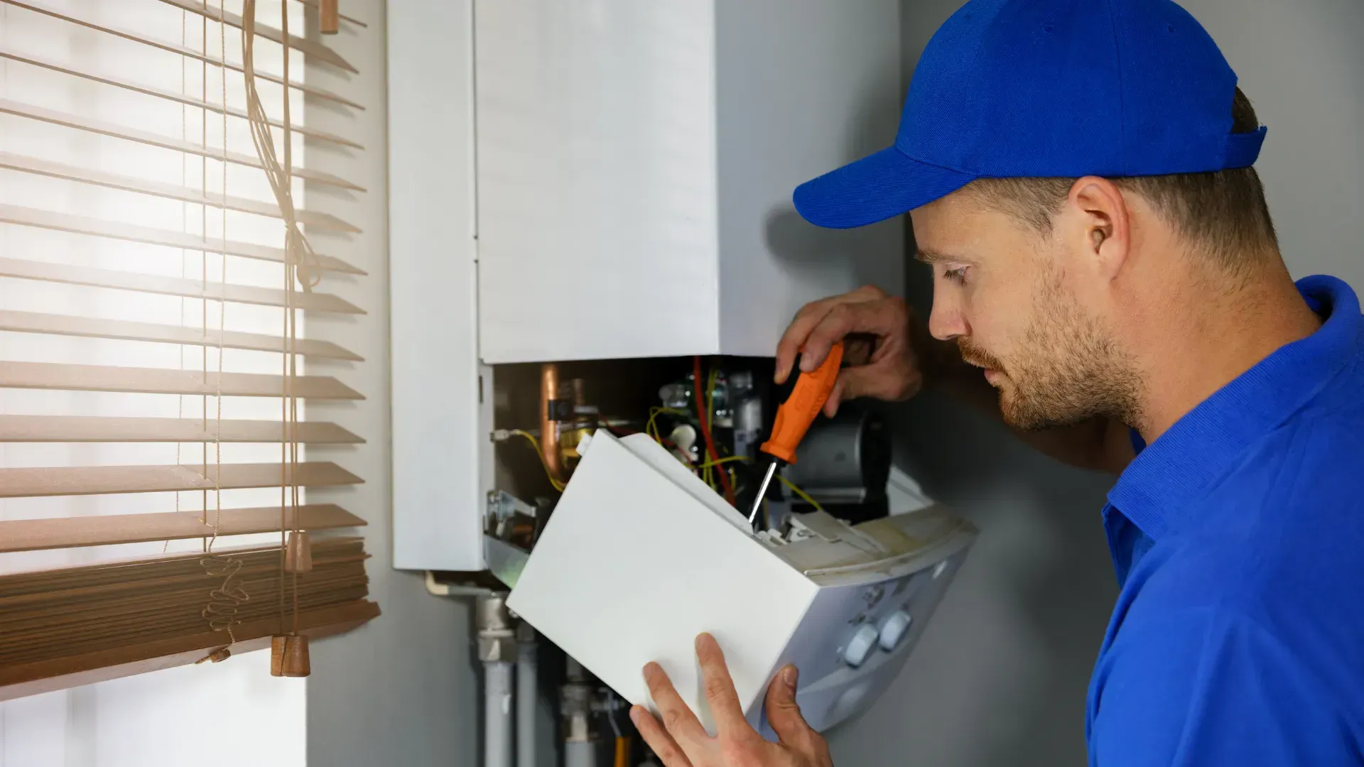 A man in a blue hat is working on a boiler.