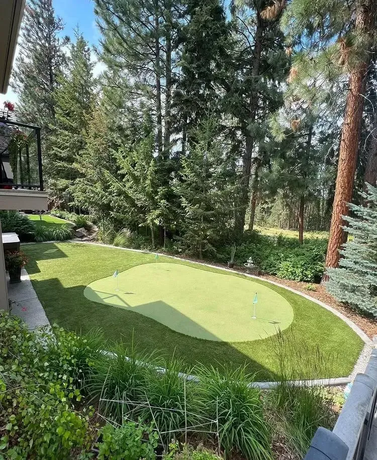 A backyard with a putting green, surrounded by trees and landscaping.