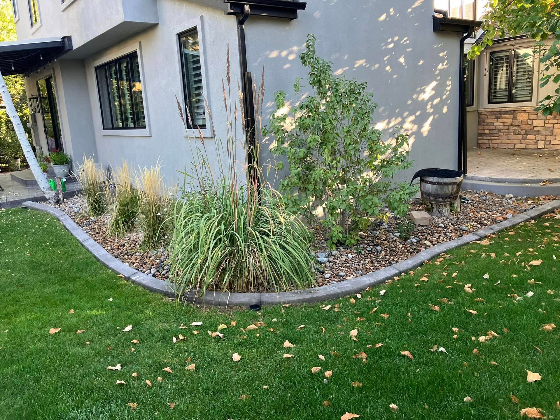 Landscaped area with ornamental grasses and small tree next to a light-colored building, edged with stone.
