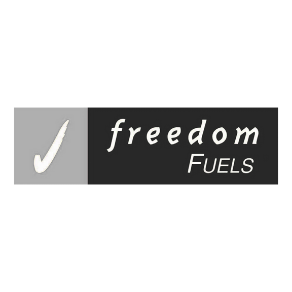 Freedom Fuels logo: gray checkmark and text on gray and black blocks.