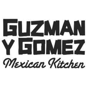 Guzman y Gomez Mexican Kitchen logo in black and white. Bold text above, cursive text below.