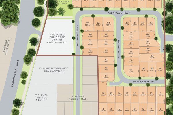 Residential development site plan with roads, numbered lots, and planned childcare center.